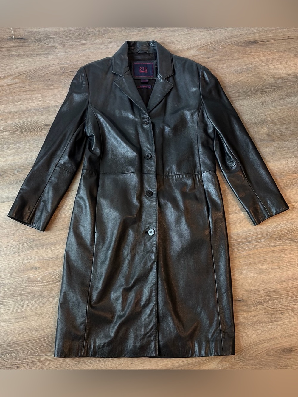 212 America black leather trench coat